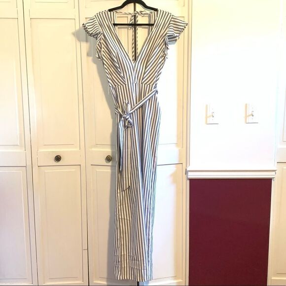 Blue and white striped low cut ruffle jumpsuit - Picture 3 of 9